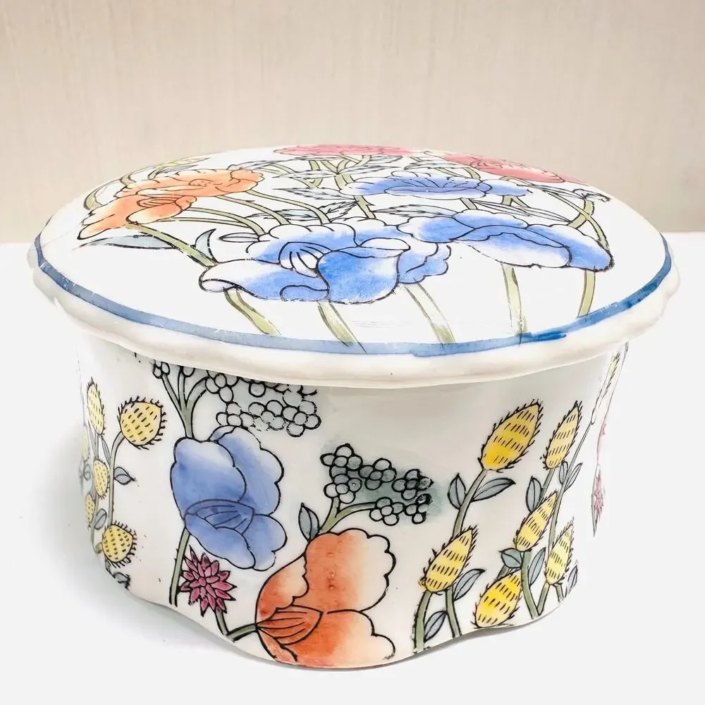 Vintage Floral Asian Trinket Jewelry Storage Box Lidded